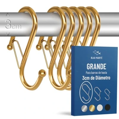 Imagen de Blau Marité 6 Ganchos en Forma de S con Sistema Anticaída. Largo: 10 cm. para Barras hasta 3cm diametro. Ayuda la organización y almacenaje del hogar. (Dorado, Grande)