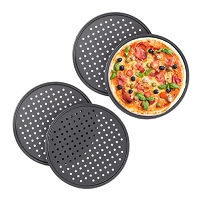 Imagen de Relaxdays Knusper Unidades Set 4 Bandejas Pizza, Redondas, Moldes Horno Perforados, Antiadherentes, ∅32 cm, Acero, Masa Casera, Antracita