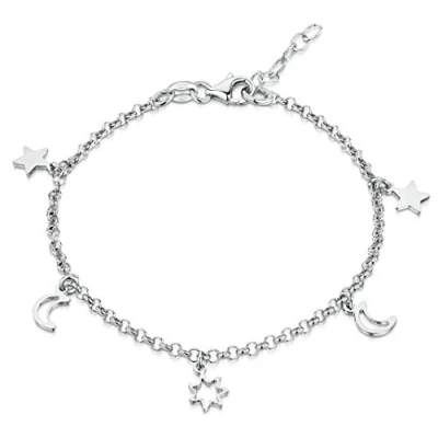 Imagen de Amberta Tobillera con Colgantes para Mujer en Plata de Ley 925: Pulsera Lunas y Estrellas 22 + 4 cm