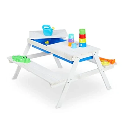 Imagen de Relaxdays Asiento Blanco Mesa de Pícnic Infantil para Jardín, Mesita Niños con 2 Bancos Madera, Juegos Arena y Agua, Tablero Fibras, 50 x 89 85 cm