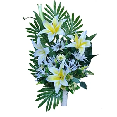 Imagen de DRW Centro de Flores Artificiales Cementerio, Santos, Aniversarios Redondo Amarillo y Blanco (Jarron 70x47x26 cm)