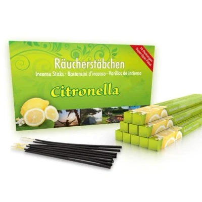 Imagen de 10 paquetes de incienso Citronella tiempo combustión aprox. 60h (total). Oferta ahorro como alternativa a las velas citronela o candelitas para exterior en el jardín.