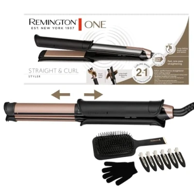 Imagen de Remington Plancha de pelo y rizador Profesional ONE, 2 en 1, Cerámica Avanzada Turmalina Antiestática, placa alisadora 110 mm, barril 32 digital, hasta 230ºC S6078