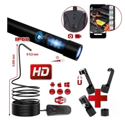 Imagen de KS Tools 550.7560 Juego de videoscopio wifi con sonda cámara frontal HD a 0 Ø 5,5 mm, 5 pzs
