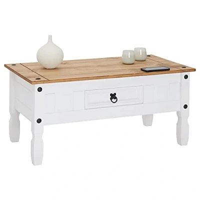 Imagen de CARO Möbel Dynamic24 Campo Mesa de café (Madera Maciza Pino, barnizada con 1 cajón), Color marrón y Blanco