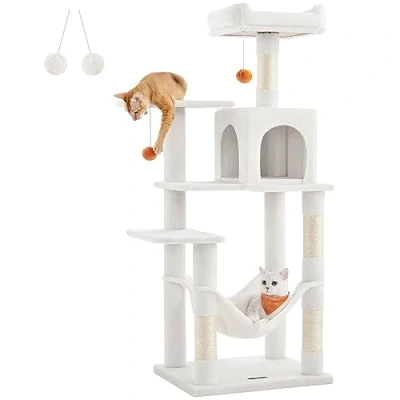 Imagen de Feandrea Árbol para Gatos, Altura 143 cm, Torre de con 4 Postes Rascadores, 2 Plataformas, 1 Cueva, Hamaca, Pompones, Tela Felpa, Multinivel, Blanco Crema PCT161T01