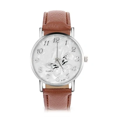Imagen de Sonew Reloj de Cuarzo Las Mujeres Pulsera analógico Femenino Redondo Correa Cuero la PU diseño Mariposa Simple Manera(Coffee)