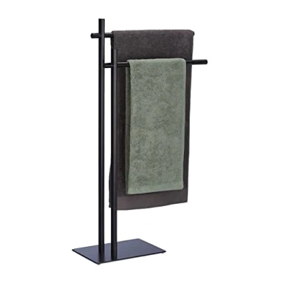 Imagen de Relaxdays Portatoallas de Pie Metálico, Toallero con 2 Barras, 87,5 x 51 20 cm, Acero, Galán Noche para Baño, Negro