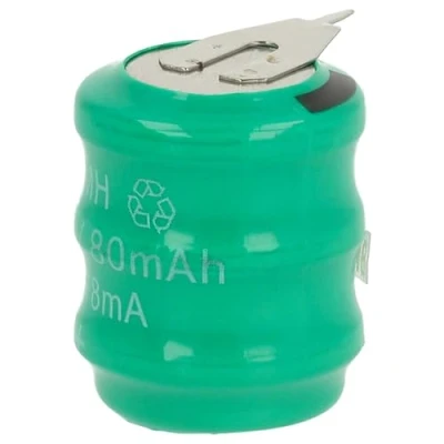 Imagen de vhbw Pilas botón, Tipo de batería V80H (NiMH, 80mAh, 3.6V) Columna con 3 Celdas, 2 Pines conexión impresión, Recargable