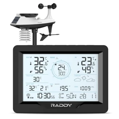 Imagen de Raddy MN6 Lite Estación Meteorológica con Sensor Exterior, Termómetro Humedad Interior Exterior 5 en 1, Monitor de Presión Aire, Pronóstico del Tiempo, Velocidad Viento, Precipitación, DCF