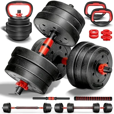Imagen de RE:SPORT Juego de mancuernas 2 en 1, 15 30 kg, ajustables, cortas y largas, cierres estrella tubo conexión (Set con kettlebell 20 kg)