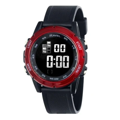 Imagen de Ravel Reloj de cuarzo digital redondo 3 ATM para hombre con luz RDG.14D, negro /rojo