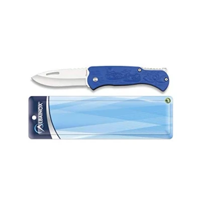 Imagen de Navaja EDC azul con hoja de acero inoxidable 6,9 cm y empuñadura aluminio para Caza, Pesca, Camping, Outdoor, Supervivencia Bushcraft Albainox 18539 + Portabotellas regalo