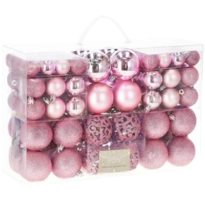 Imagen de SPRINGOS 100 bolas para árbol de Navidad, 6,4,3 cm diámetro, color rosa, irrompibles, con purpurina, decoración navideña