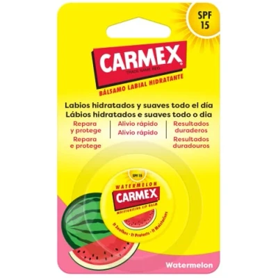 Imagen de Carmex Bálsamo Labial SPF15, Tarro Sandía, 7,5g. Hidrata, protege, repara, calma y suaviza los labios.