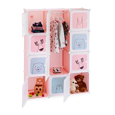 Imagen de relaxdays Estantería Infantil, 9 niveles, para niñas, Plástico, Modular, con Puertas, 145x110x37,5 cm, Rosa
