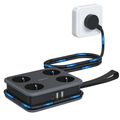 Imagen de Regleta con USB C NTONPOWER 4 Tomas Toma de Distribución 1,6 Metros Montaje en Pared, Negra