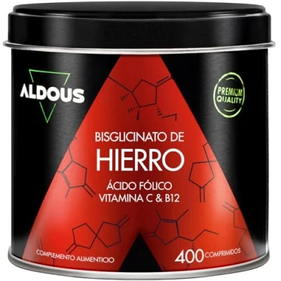 Imagen de Hierro Suplemento 28 mg + Vitamina C, B12 y Acido Folico 400 Comprimidos Bisglicinato de C Glóbulos Rojos, Hemoglobina Vitaminas para el Cansancio Vegano Iron Aldous