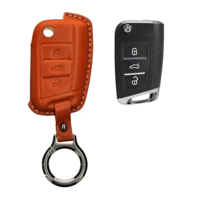 Imagen de kwmobile Carcasa Compatible con Llavero de VW Golf 7 MK7 Llave Coche 3 Botones Funda para Mando Cuero Incluye Anillo marrón