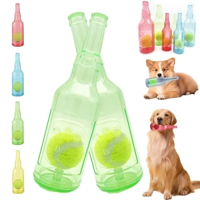 Imagen de Crunch Play bottle toy, Crunchnplay Toy for Dogs, 9.7&quot;/7.7&quot; Rubber water Dog Interesting Squeaky Toys, Outdoor Interactive Chew with Tennis Ball (2*Green,large)