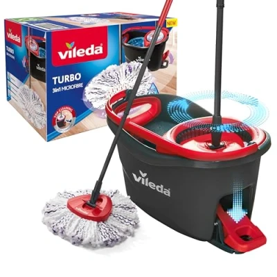 Imagen de Vileda Turbo 3en1 Mopa de Suelo con escurridor Giratorio y Cubo Pedal Mango telescópico 85 123 cm Cabezal Microfibra Sostenible Love it Clean