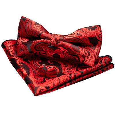 Imagen de JEMYGINS Conjunto de Pajarita y Pañuelo Paisley con Gemelos para Hombre Rojo (3)