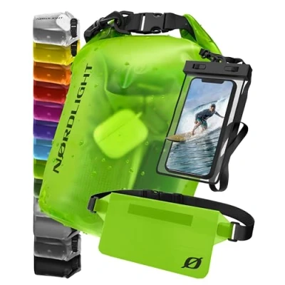 Imagen de Nordlight Juego de 3 Bolsas Impermeables (Verde) Dry Bag 20L + Funda Impermeable para teléfono móvil riñonera protección IPX8 con Correas Ajustables Playa Paddling