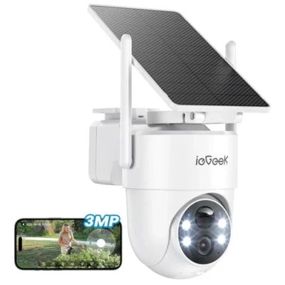 Imagen de ieGeek 2K/3MP Camara Vigilancia WiFi Exterior Solar, Panel Solar Extraíble, 360 PTZ, de sin Cables, PIR Humana Detección, Alerta Peligro, Visión Nocturna Color, IP65