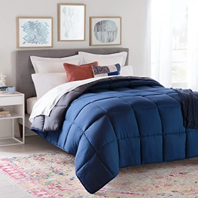 Imagen de Linenspa Edredón nórdico de microfibra relleno 4 estaciones ultra suave Edredon Cama 90 (155 x 220 cm), Azul Marino / Gris Oscuro