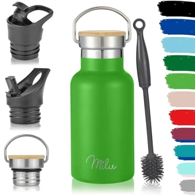 Imagen de Milu botella de acero inoxidable 350 ml, 500 750 1 l (+3 tapas) termo con paja, agua, para bebidas calientes, frías y carbonatadas (verde manzana, ml)