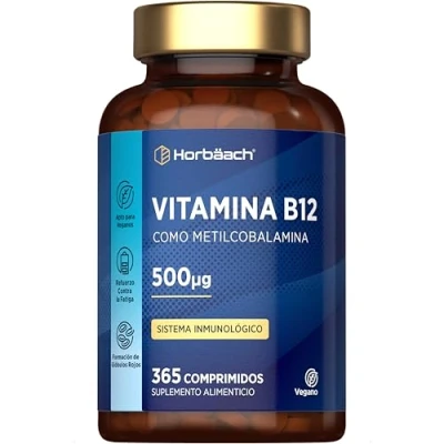 Imagen de Vitamina B12 Metilcobalamina 1 Año de Suministro 365 Comprimidos Veganos 500 mcg Suplemento (Methylcobalamin) by Horbaach