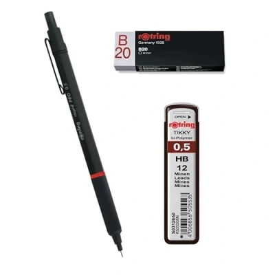 Imagen de rOtring Rapid Pro Lápiz de 0,5 mm, color negro, juego recambios minas alto polímero, HB y borrador B20