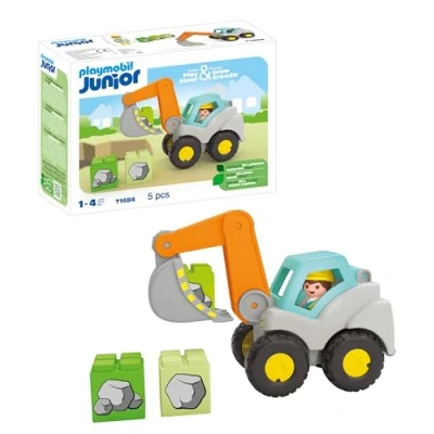 Imagen de PLAYMOBIL Junior 71684 Pala Excavadora, Incluye Techo de Cabina Plegable y Piedras apilables, Juguete sostenible Hecho plásticos a Base Plantas, Juguetes para niños Partir 1 año