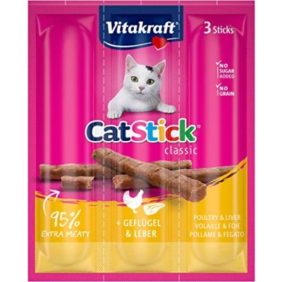 Imagen de VITAKRAFT Golosinas para gatos «Cat Stick Mini», con aves e hígado, comida gatos, bolsa fresca de 3 palitos 6 g