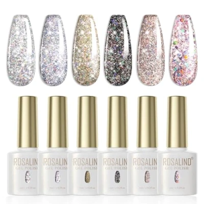 Imagen de ROSALIND Esmaltes Semipermanentes Para Uñas,6 Colores Plata Negro Brillante Pintauñas Gel Apto Principiantes Manicura Lote Soak Off UV LED