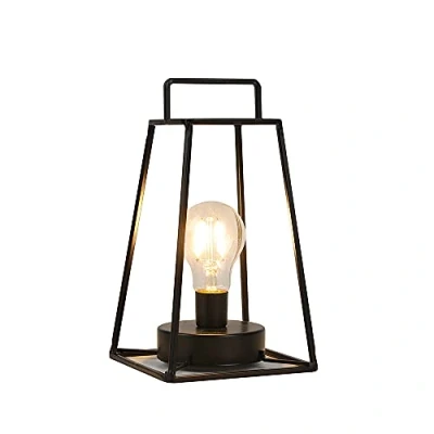 Imagen de JHY DESIGN lámpara de mesa geométrica estilo retro 25 cm alto y simple, sin cable, con pilas, jaula inalámbrica, decoración para balcón, interior exterior (corto, negro)
