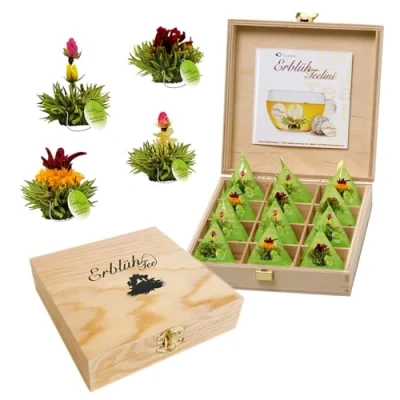 Imagen de Creano Flores de té Teelini en tamaño taza, set regalo caja madera para té, 12 ErblühTeelini 4 variedades, blanco, mujer, madre, amantes del Verde