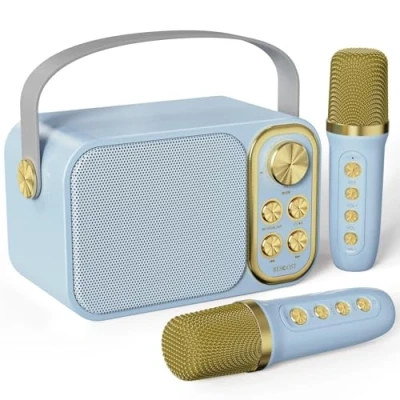 Imagen de BESCOST Karaoke Profesional con 2 Micrófonos Inalámbricos, Bluetooth Altavoz para Niños, Portátil Máquina de Ideal Boda, Fiesta, Cumpleaños（Azul）