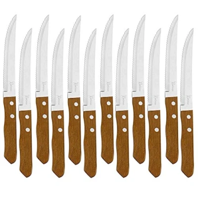 Imagen de Juego de 12 Cuchillos mesa con mango madera natural, Cuchillo Carne Acero Inoxidable Hoja Sierra