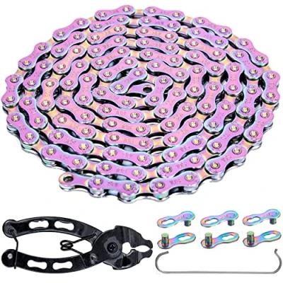 Imagen de YBEKI Cadena de bicicleta 10 velocidades, color 1/2 x 11/128 lnch 116 eslabones con 2 pares candado