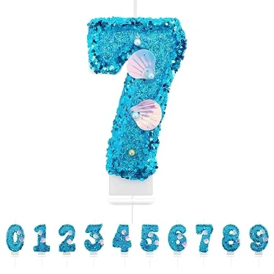 Imagen de Velas Cumpleaños Números 7,3D Sirena Azul Vela,Vela de Número 7 Pastel Decoración,Aniversarios,Baby Shower