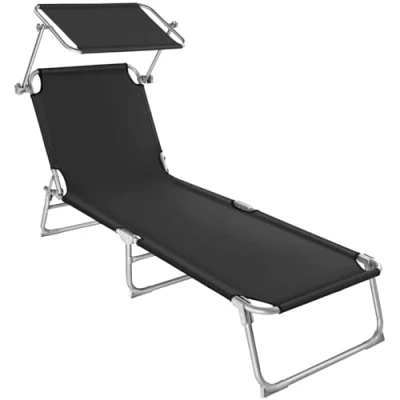 Imagen de TecTake® Tumbona Plegable con Toldo y Respaldo Regulables, Piscina Resistente a la Intemperie, Tumbonas Jardín Exterior Parasol, Playa Carga Máx. 110 kg, Fácil Transporte Negro