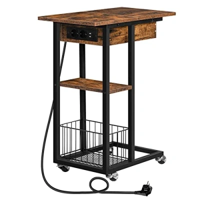 Imagen de HOOBRO Mesa Auxiliar con Estación de Carga, Centro Abatible en Forma C Ruedas y Estante Almacenamiento, Puertos USB Tomas Corriente, para Salón Dormitorio, Marrón Rústico EBF022SF01