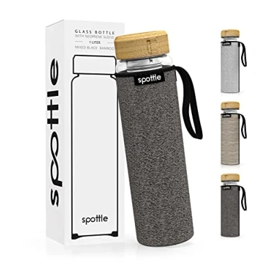 Imagen de spottle Botella de Té Vidrio con Infusor Acero Inoxidable Borosilicato Doble Pared, Agua Cold Brew Funda Neopreno, Apta para Lavavajillas, 1L