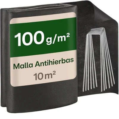 Imagen de Praknu Malla Antihierbas Geotextil 100g/m² con 8 Anclajes Extra Resistente &amp; Protección UV 10m² Tela Transpirable Antidesgarros Ideal para Jardines, Huertos Elevados Terrazas