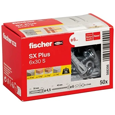 Imagen de fischer Tacos pared para diferentes usos, SX Plus 6x30 fijar lámparas, cuadros, aires acondicionados, (50 unidades), Incluye tornillos