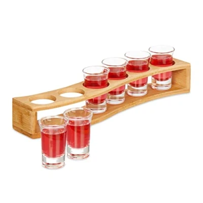 Imagen de Relaxdays Tabla de Tiro Porta chupitos, con 6 Vasos 4 cl, Bandeja Diseño Curvo, Idea Regalo, Soporte Licores Bambú, Natural, 8 x 33 7.5 cm