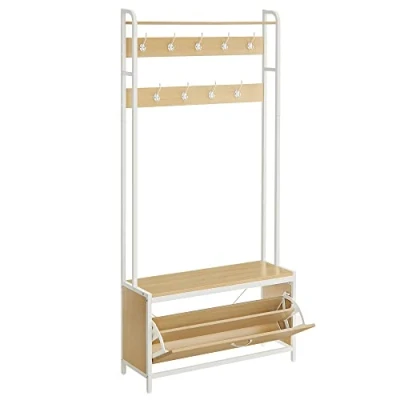 Imagen de VASAGLE Perchero Zapatero, Recibidor, con Banco 9 Ganchos, Estante Superior, Pasillo Dormitorio Salón, Estilo Moderno, Roble y Blanco HSR405W09