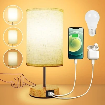 Imagen de Suright Lámparas de Mesita Noche Táctil Regulable, Lámpara Mesa con Puertos Carga USB A+C, Pantalla Tela Lino, Pequeña para Dormitorio Salón (Bombilla Incluida)