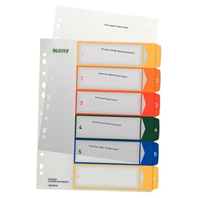 Imagen de Leitz Índice 1 6, Imprimible con Ordenador, A4, Plástico Rígido, Extra Ancho, Blanco/Multicolor, 12920000